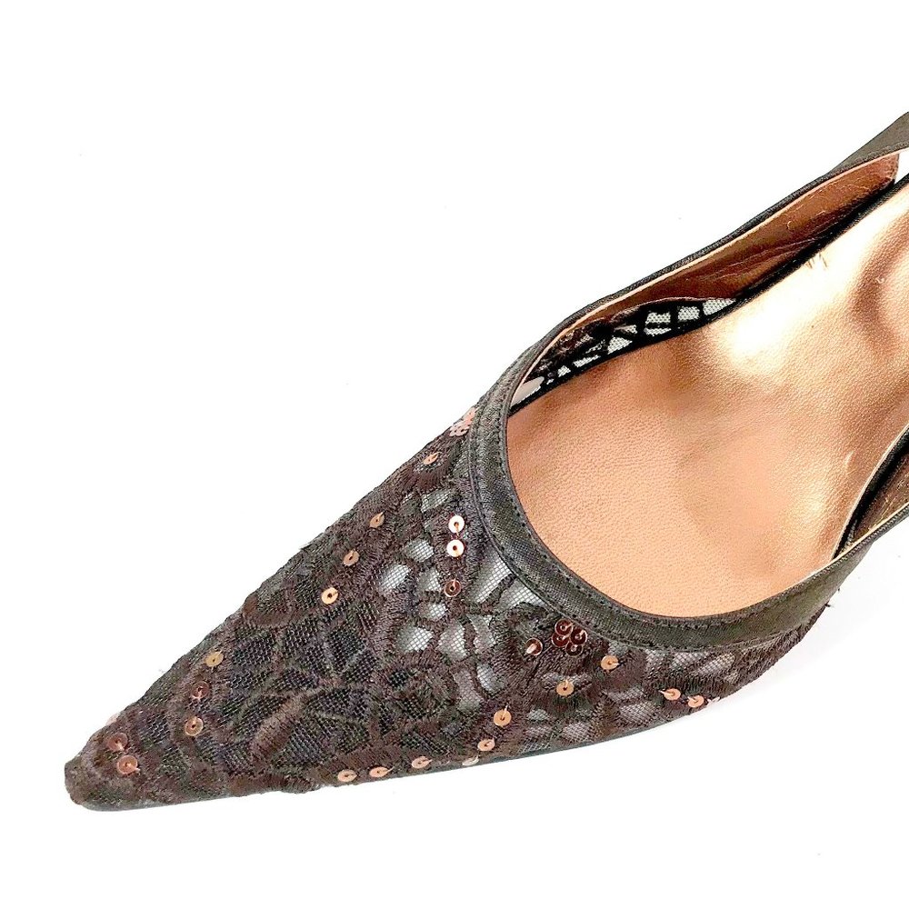 Embroidered Lace Chocolate Brown Needle Threader Italian Kitten Heel  Slingbacks